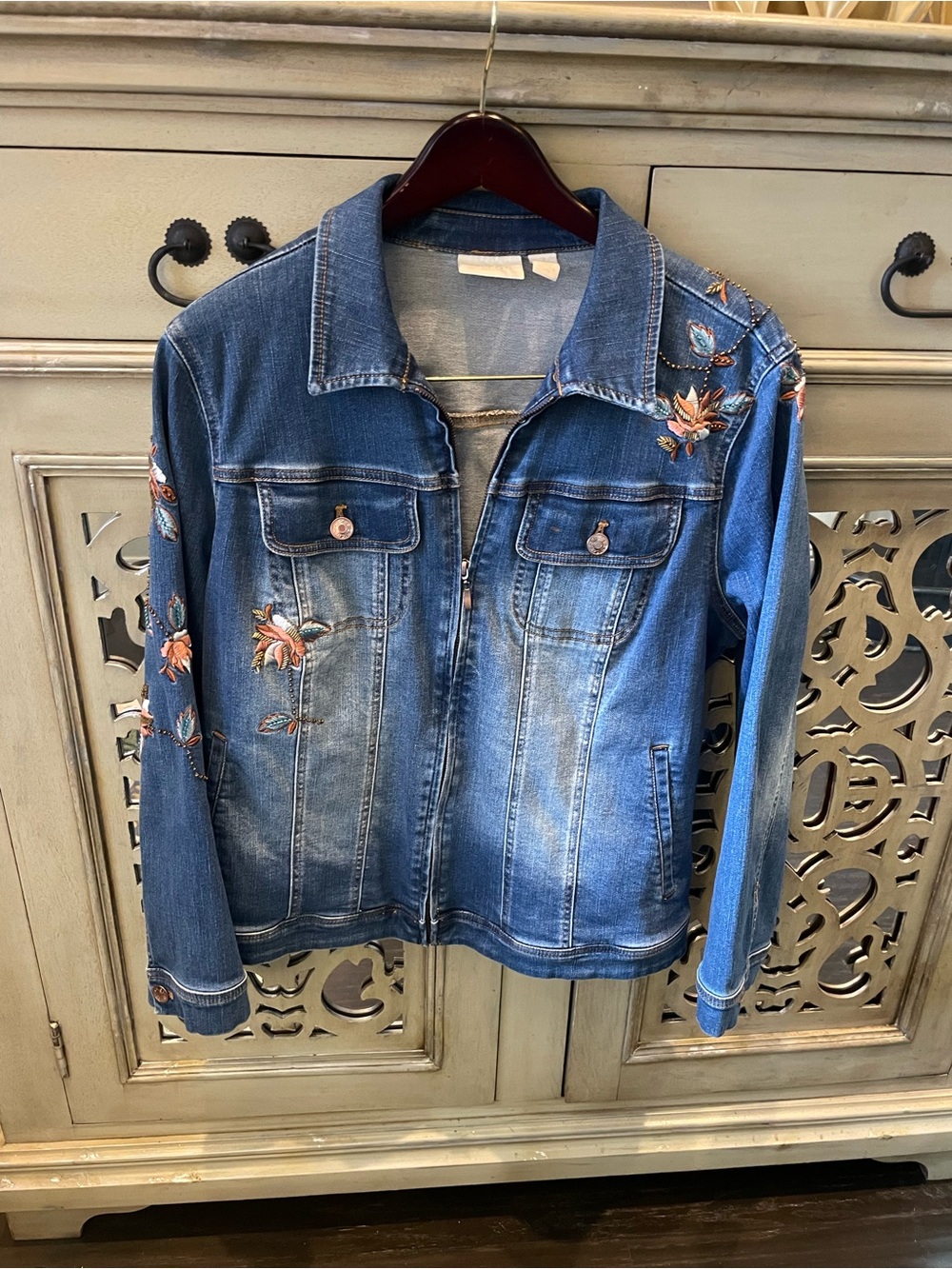 Chicos Fashion Embroidered Blue Denim Jacket - Floral Detail